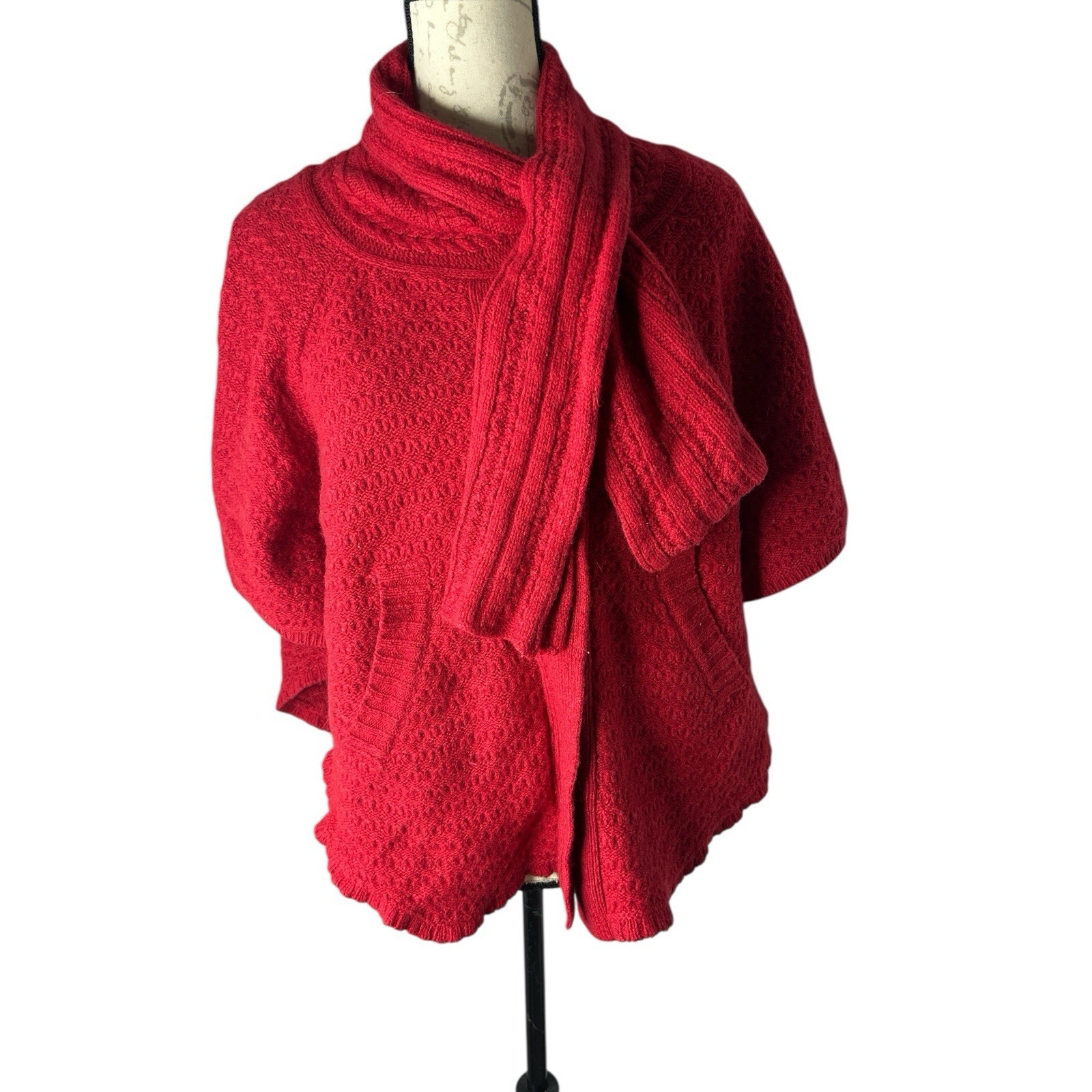 Sparrow Anthropologie S Sweater Cape Red Wool Blend Dolman Short Sleeve